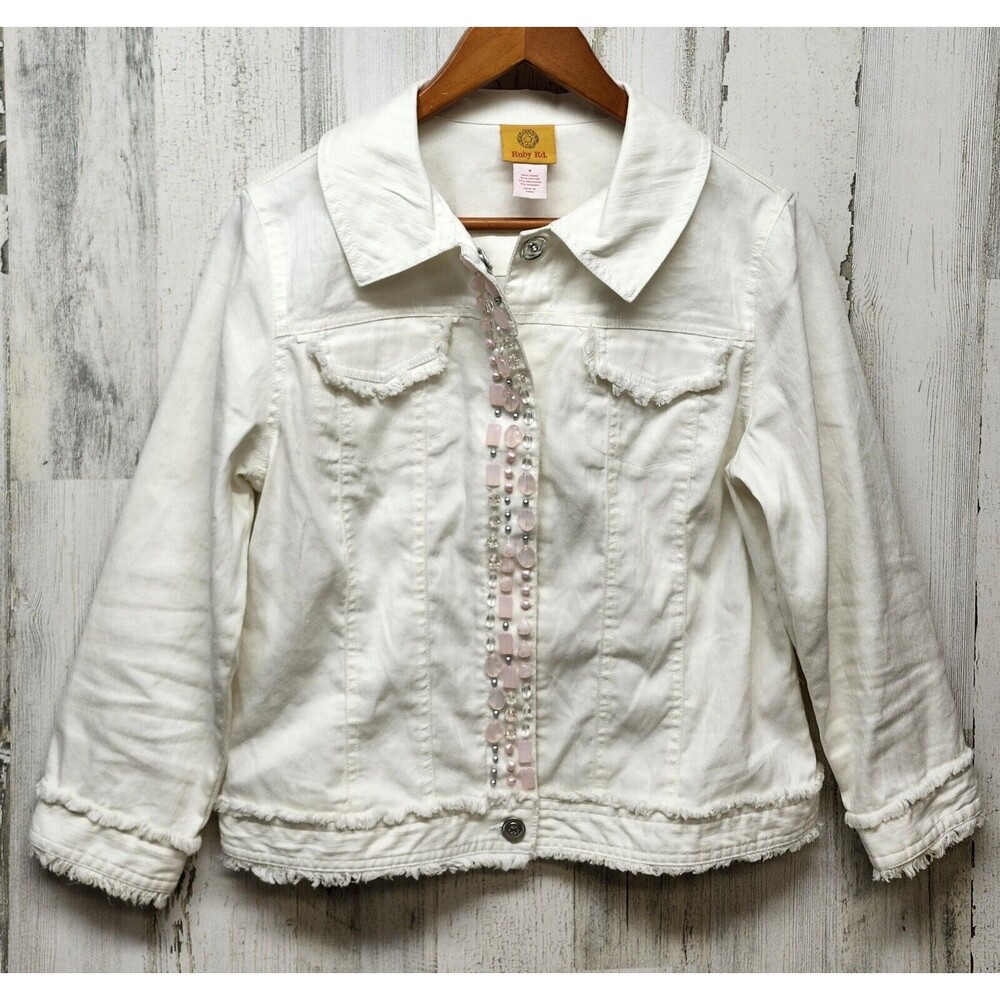 Ruby Rd Jean Jacket Women 8 White Denim Pink Beaded Embellished Frayed Hem
